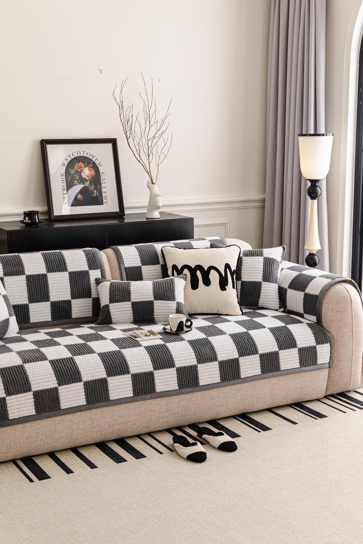 Sofa Decor Palermo Checker Chenille Sofa Cover Piece in Charcoal Cream - styled checker sofa cover piece for checker chenille sofa cover pieces in Australia, image 43