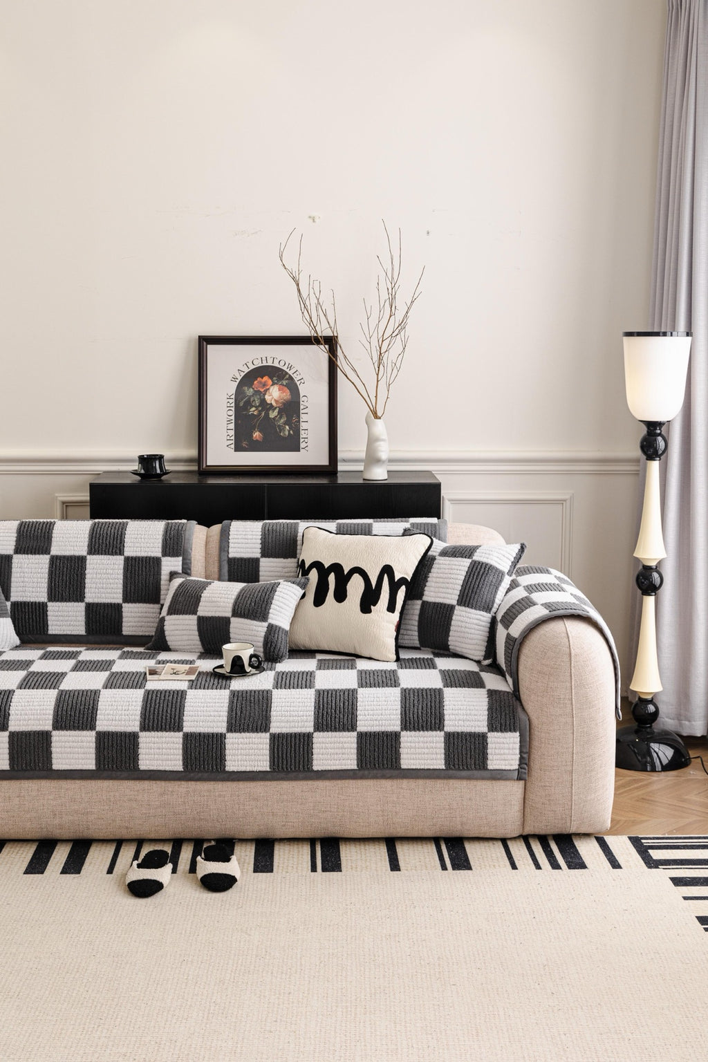 Sofa Decor Palermo Checker Chenille Sofa Cover Piece in Charcoal Cream - styled checker sofa cover piece for checker chenille sofa cover pieces in Australia, image 44