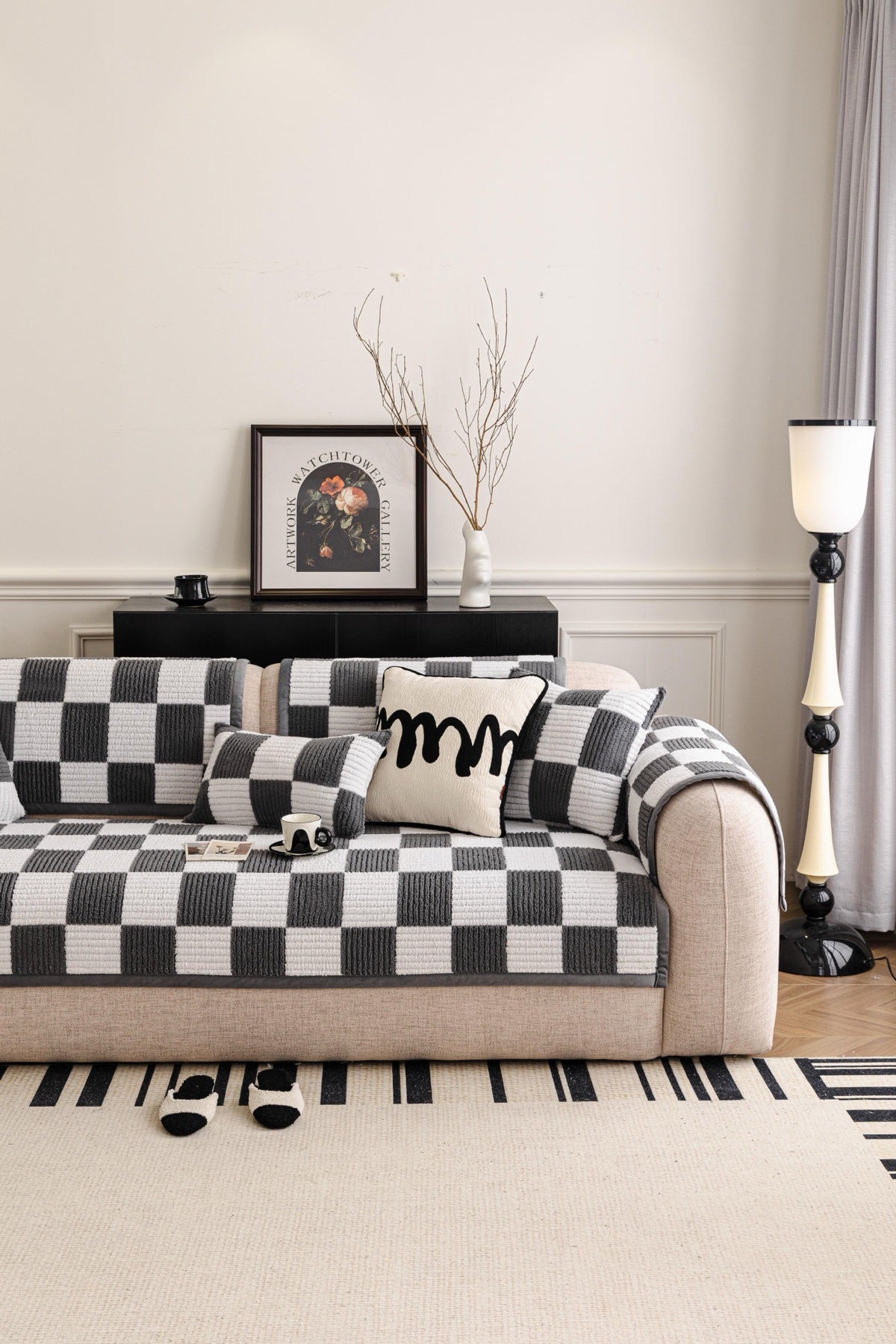 Sofa Decor Palermo Checker Chenille Sofa Cover Piece in Charcoal Cream - styled checker sofa cover piece for checker chenille sofa cover pieces in Australia, image 44