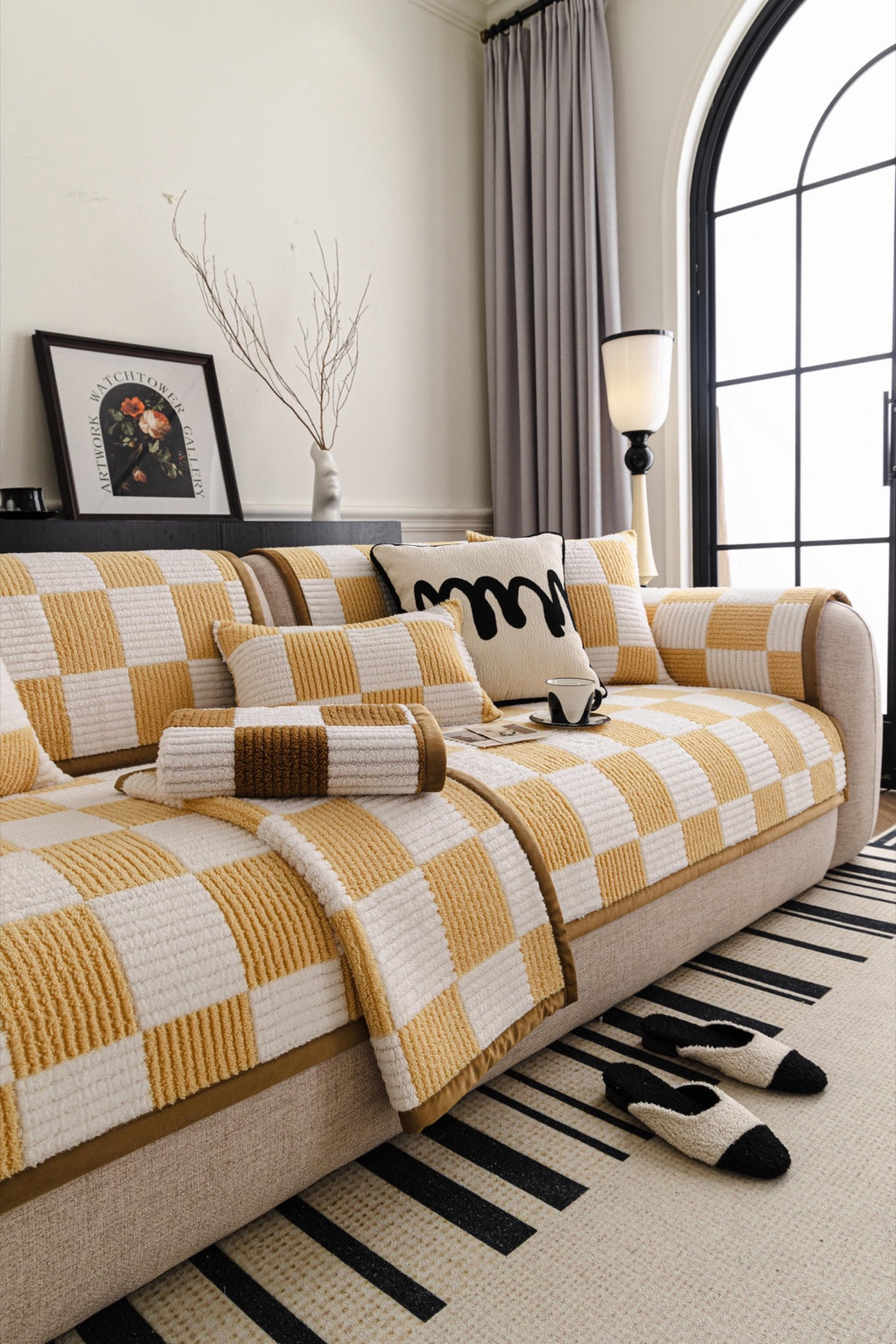 Sofa Decor Palermo Checker Chenille Sofa Cover Piece in Honey Cream - layered piece styling view for checker chenille sofa cover pieces in Australia, image 32