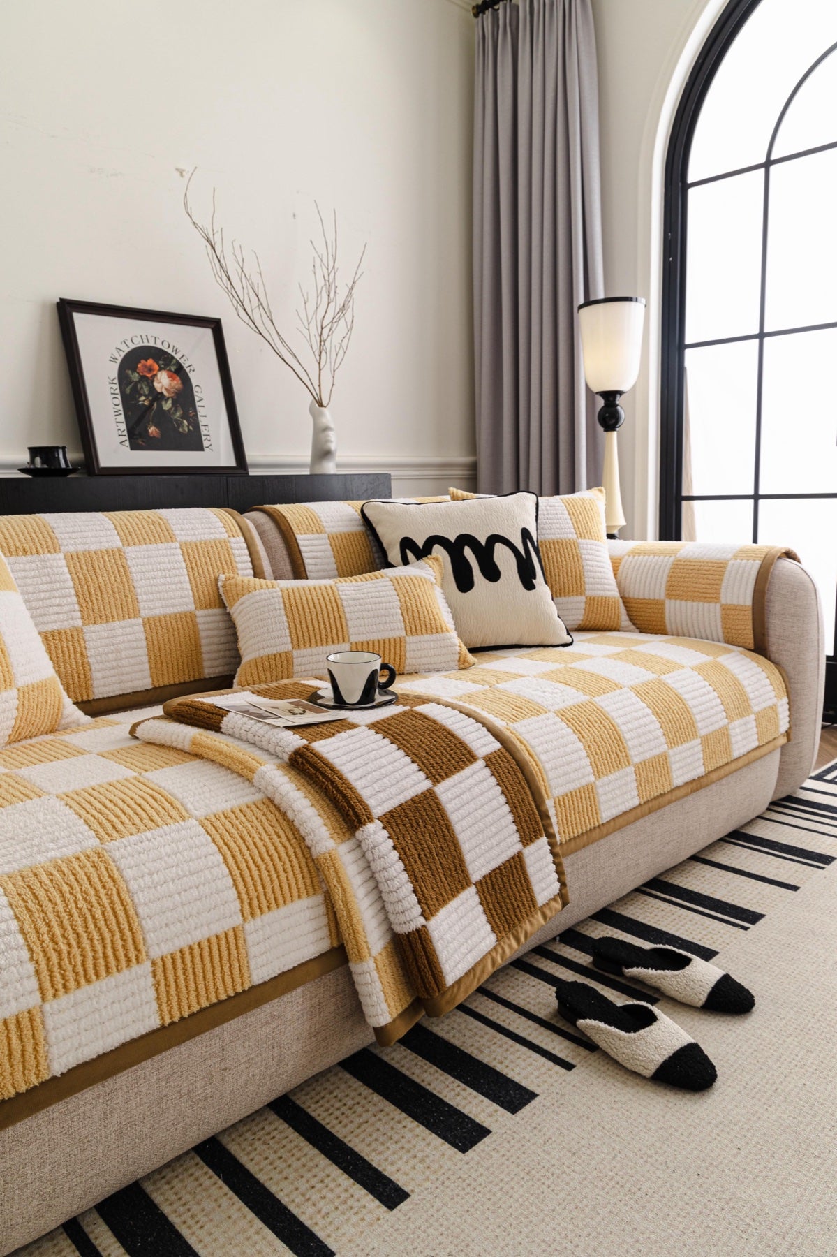 Sofa Decor Palermo Checker Chenille Sofa Cover Piece in Honey Cream - layered piece styling view for checker chenille sofa cover pieces in Australia, image 33