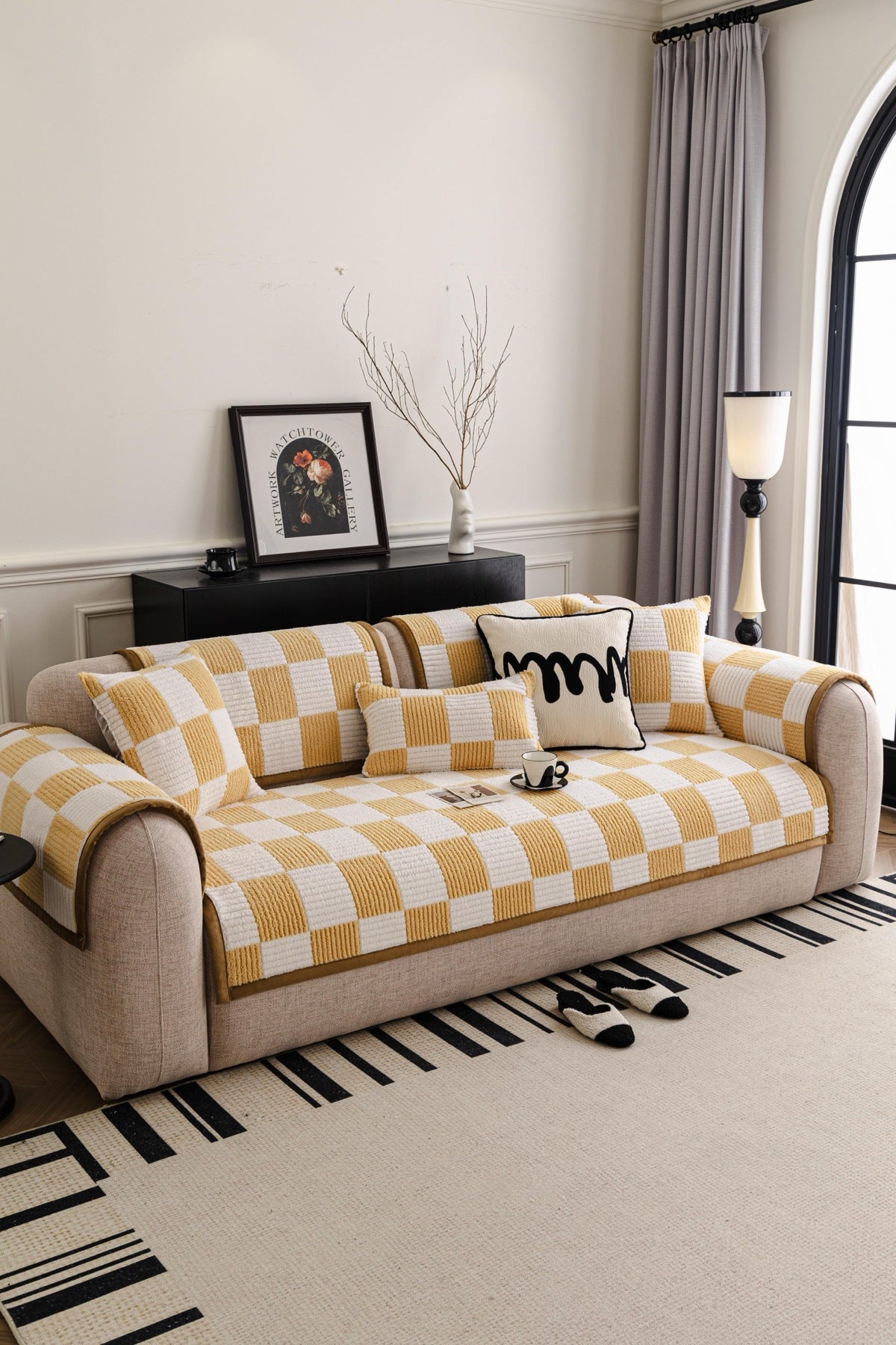 Sofa Decor Palermo Checker Chenille Sofa Cover Piece in Honey Cream - front sofa fit view for checker chenille sofa cover pieces in Australia, image 26