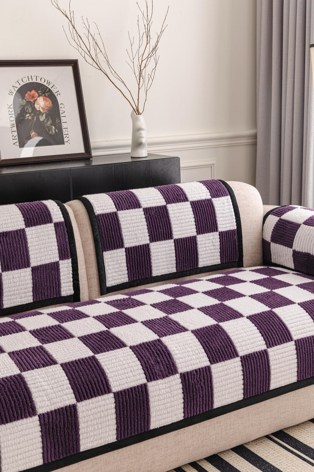 Sofa Decor Palermo Checker Chenille Sofa Cover Piece in Plum Cream - styled checker sofa cover piece for checker chenille sofa cover pieces in Australia, image 6