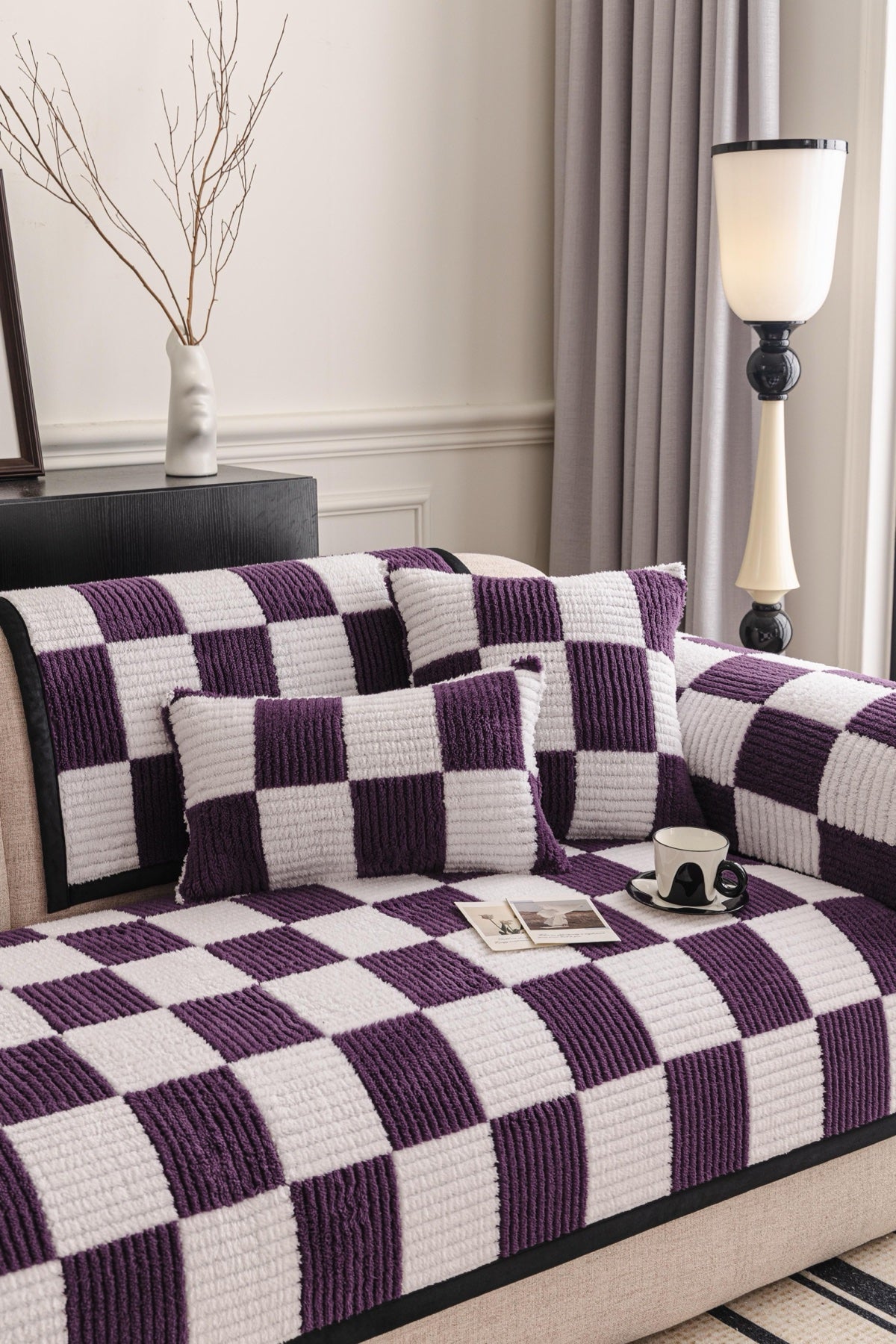 Sofa Decor Palermo Checker Chenille Sofa Cover Piece in Plum Cream - styled checker sofa cover piece for checker chenille sofa cover pieces in Australia, image 7