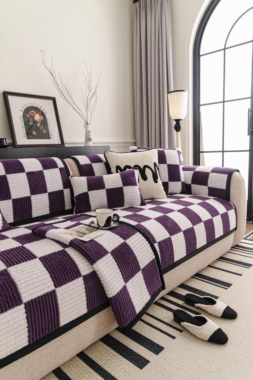 Sofa Decor Palermo Checker Chenille Sofa Cover Piece in Plum Cream - front sofa fit view for checker chenille sofa cover pieces in Australia, image 1