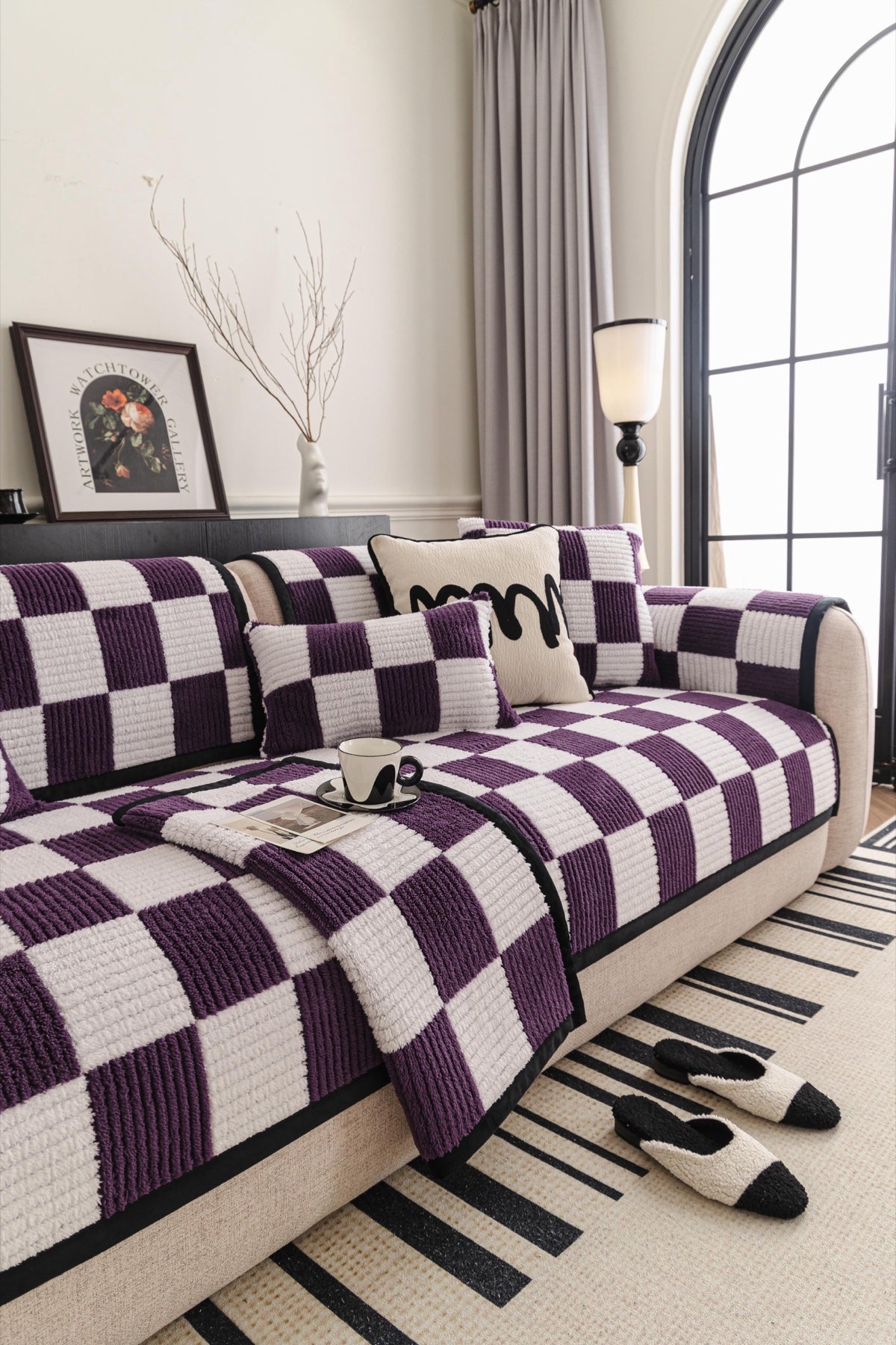 Sofa Decor Palermo Checker Chenille Sofa Cover Piece in Plum Cream - front sofa fit view for checker chenille sofa cover pieces in Australia, image 1