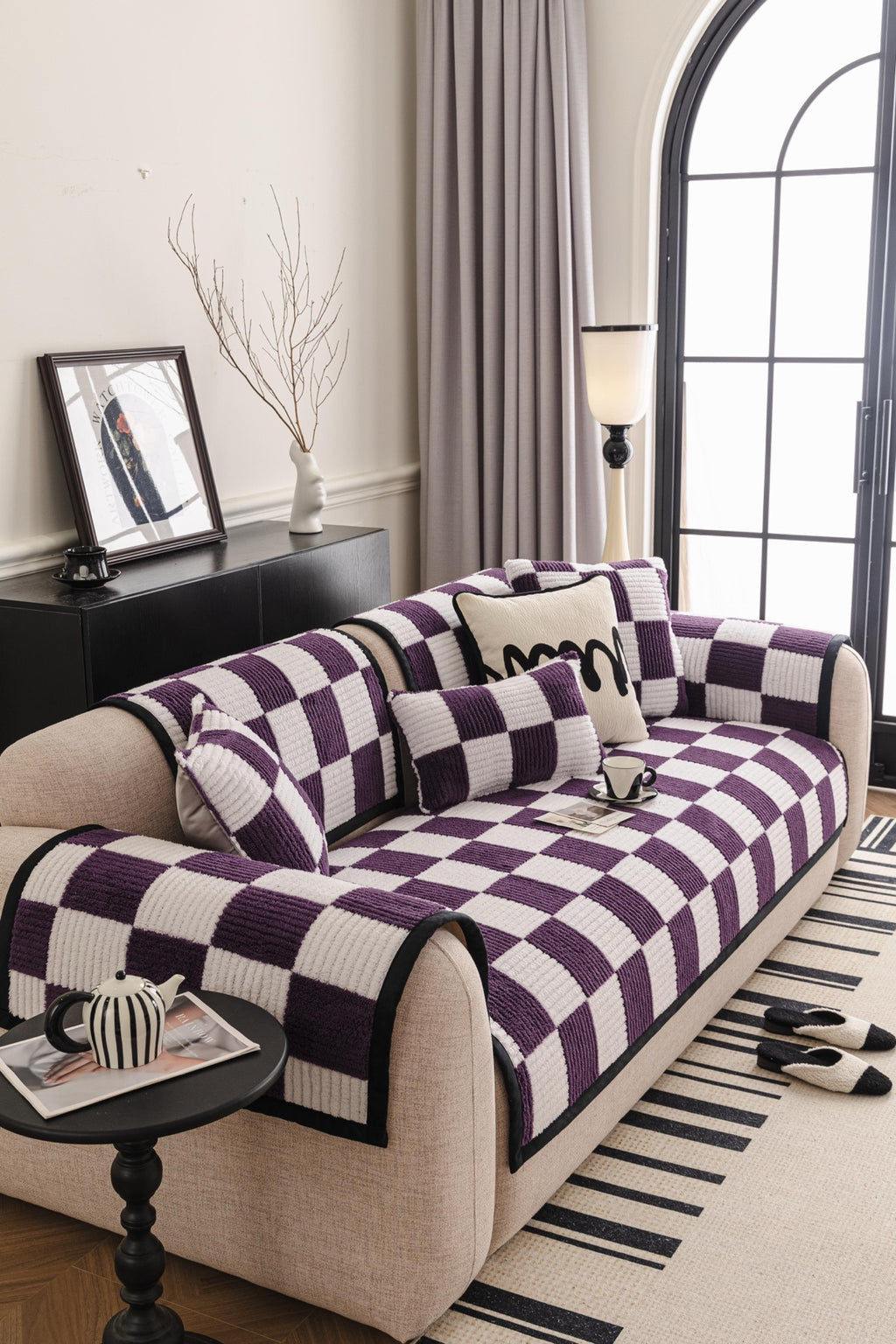 Sofa Decor Palermo Checker Chenille Sofa Cover Piece in Plum Cream - styled checker sofa cover piece for checker chenille sofa cover pieces in Australia, image 10