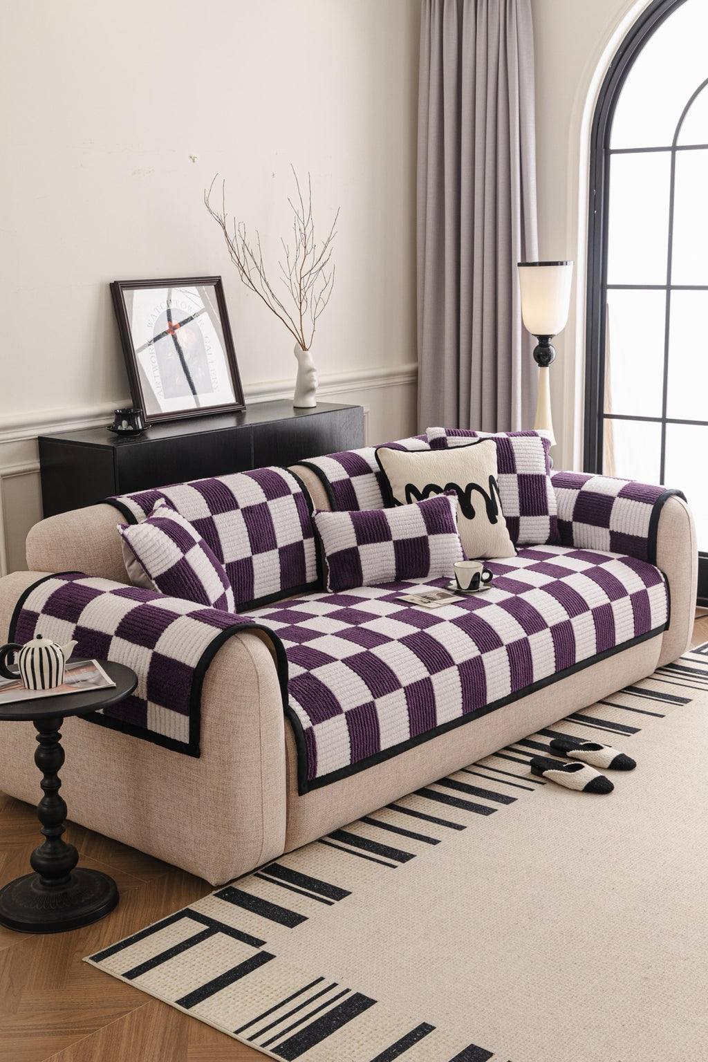 Sofa Decor Palermo Checker Chenille Sofa Cover Piece in Plum Cream - styled checker sofa cover piece for checker chenille sofa cover pieces in Australia, image 2