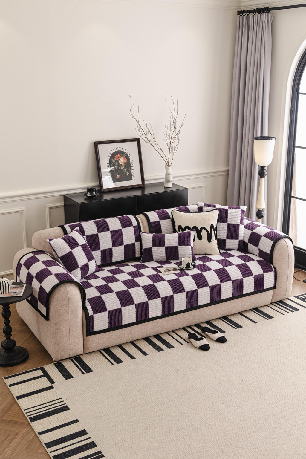 Sofa Decor Palermo Checker Chenille Sofa Cover Piece in Plum Cream - styled checker sofa cover piece for checker chenille sofa cover pieces in Australia, image 3