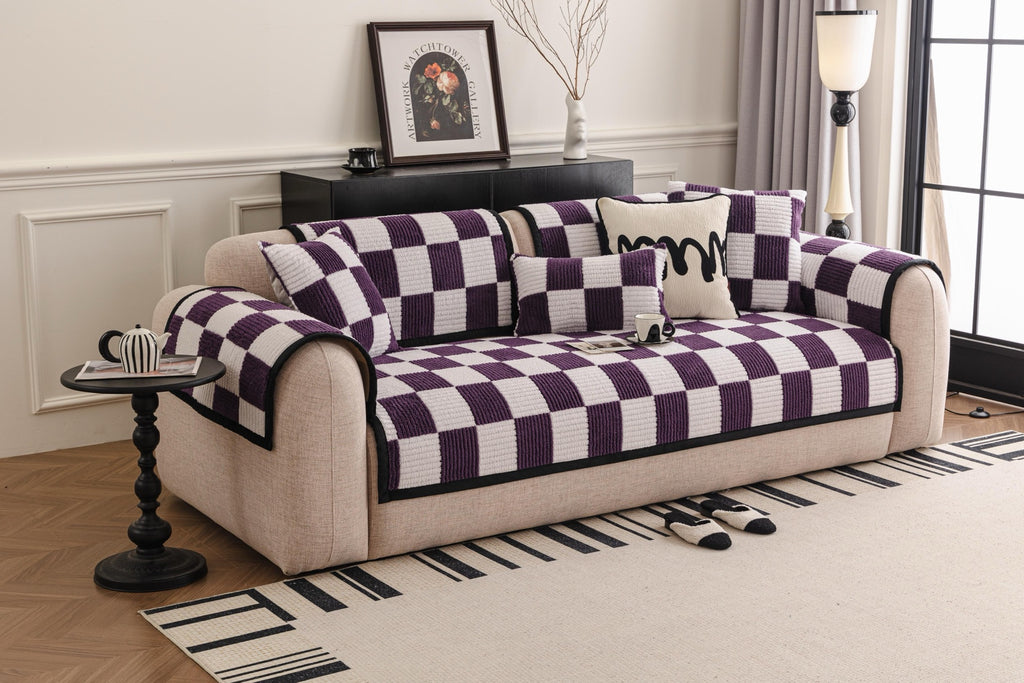 Sofa Decor Palermo Checker Chenille Sofa Cover Piece in Plum Cream - styled checker sofa cover piece for checker chenille sofa cover pieces in Australia, image 4
