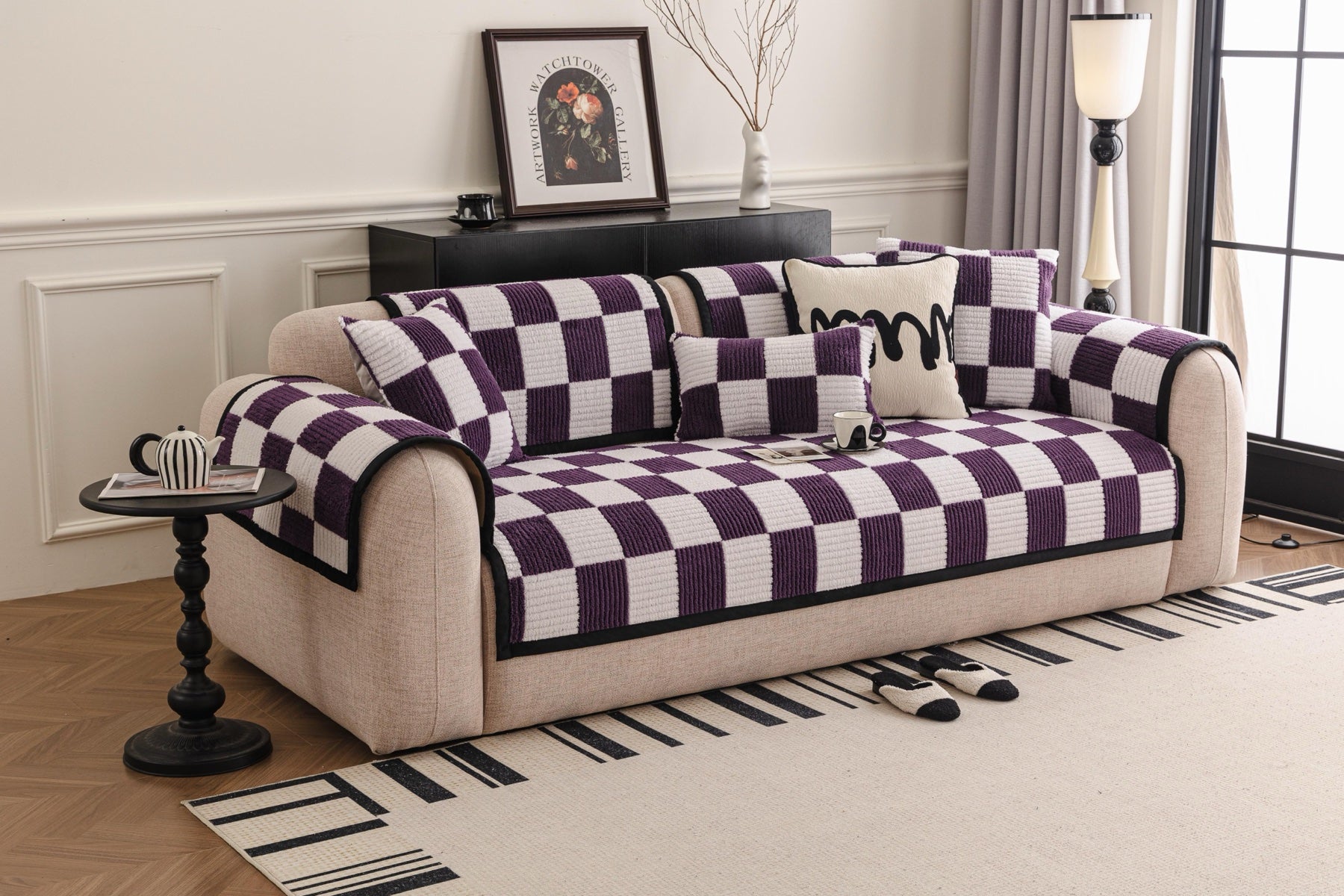 Sofa Decor Palermo Checker Chenille Sofa Cover Piece in Plum Cream - styled checker sofa cover piece for checker chenille sofa cover pieces in Australia, image 4