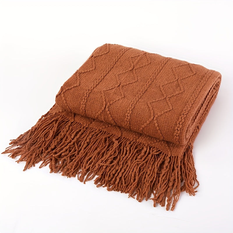 RetroInspired Knitted Throw Blanket with Tassels