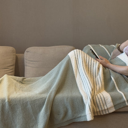 Sage Green Striped Coral Fleece Throw Blanket