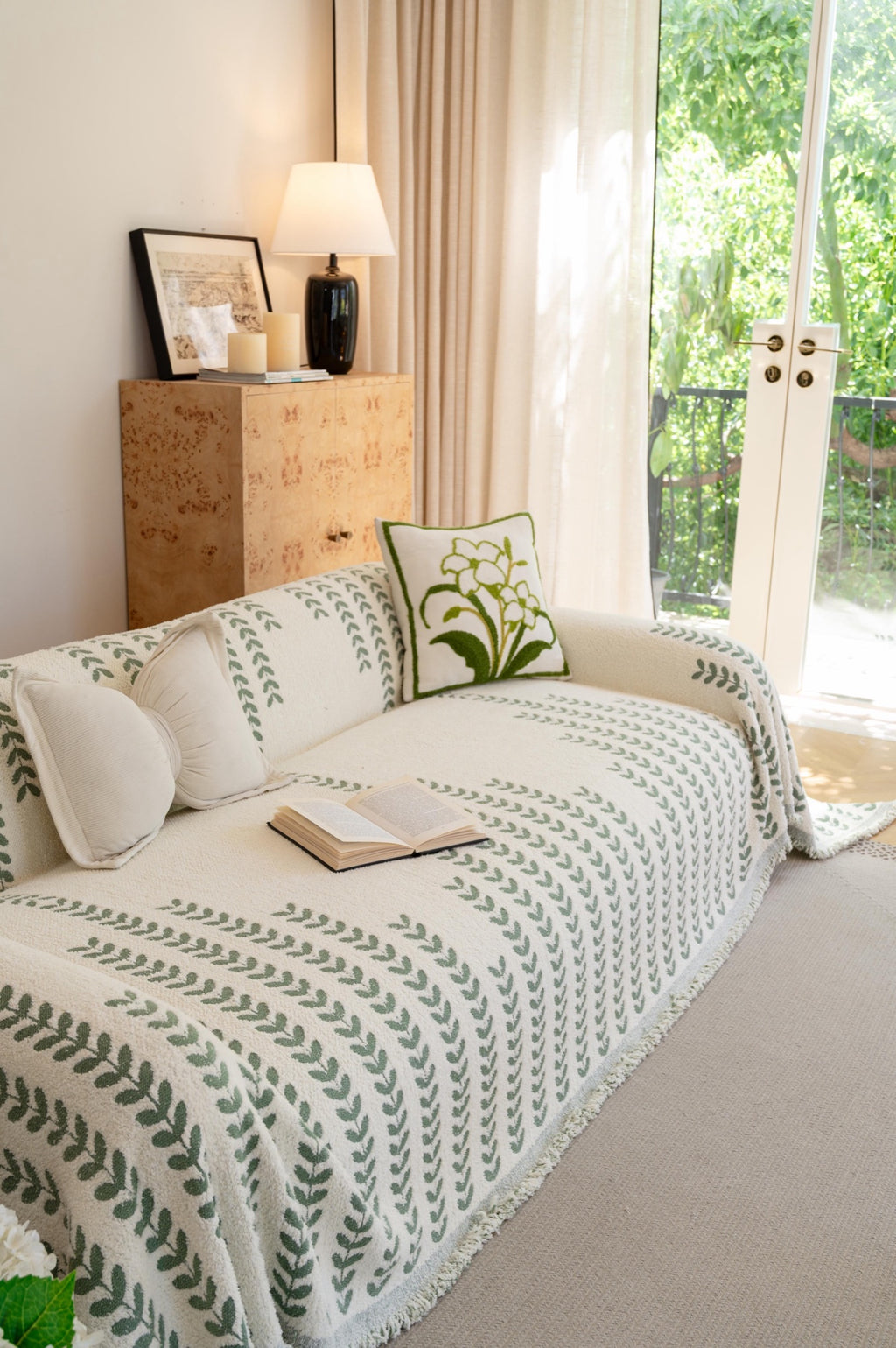 Leaf Pattern Sofa Throw Cover with Tassel Fringe - Couch Protector for 1, 2 & 3 Seater Sofas