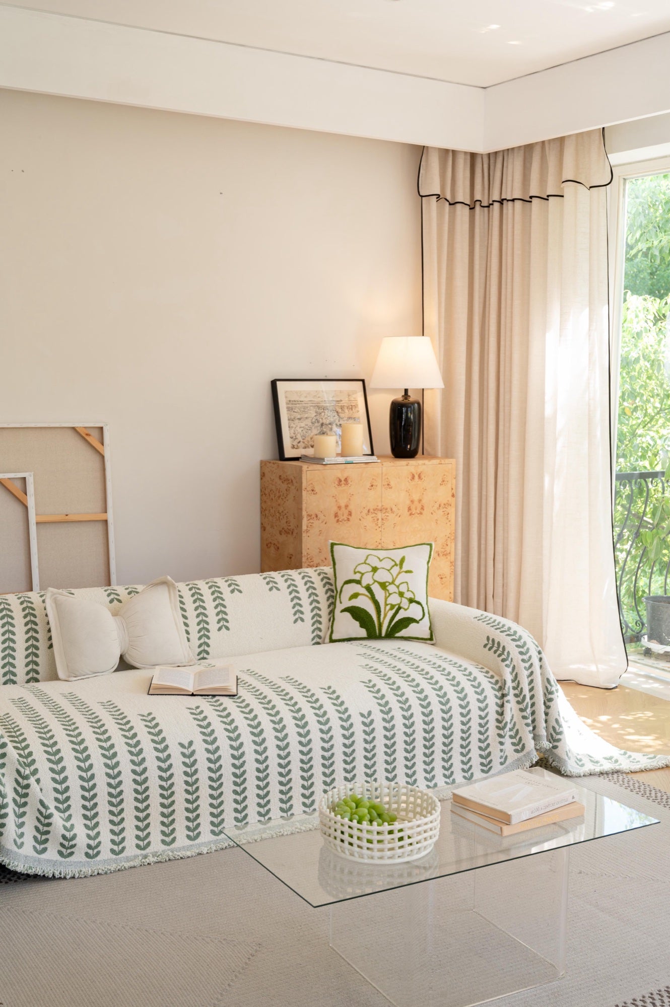 Leaf Pattern Sofa Throw Cover with Tassel Fringe - Couch Protector for 1, 2 & 3 Seater Sofas