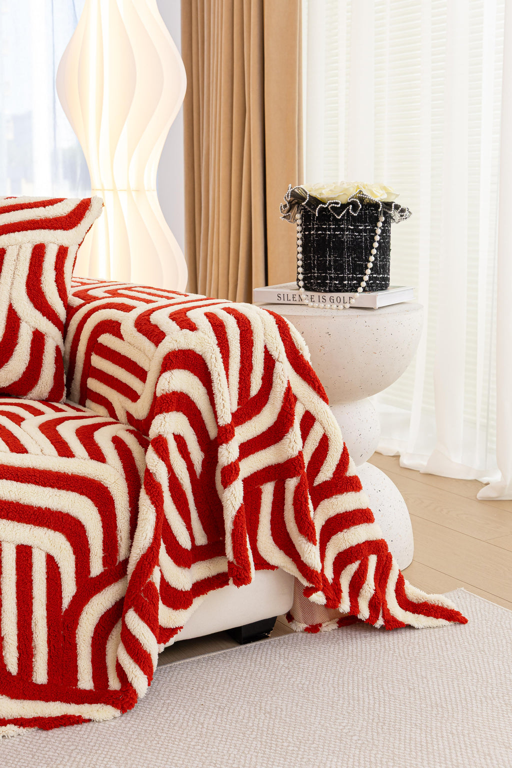 Sofa Decor Riviera Wave Stripe Sofa Cover in Red Cream - styled sofa image for plush patterned couch covers in Australia
