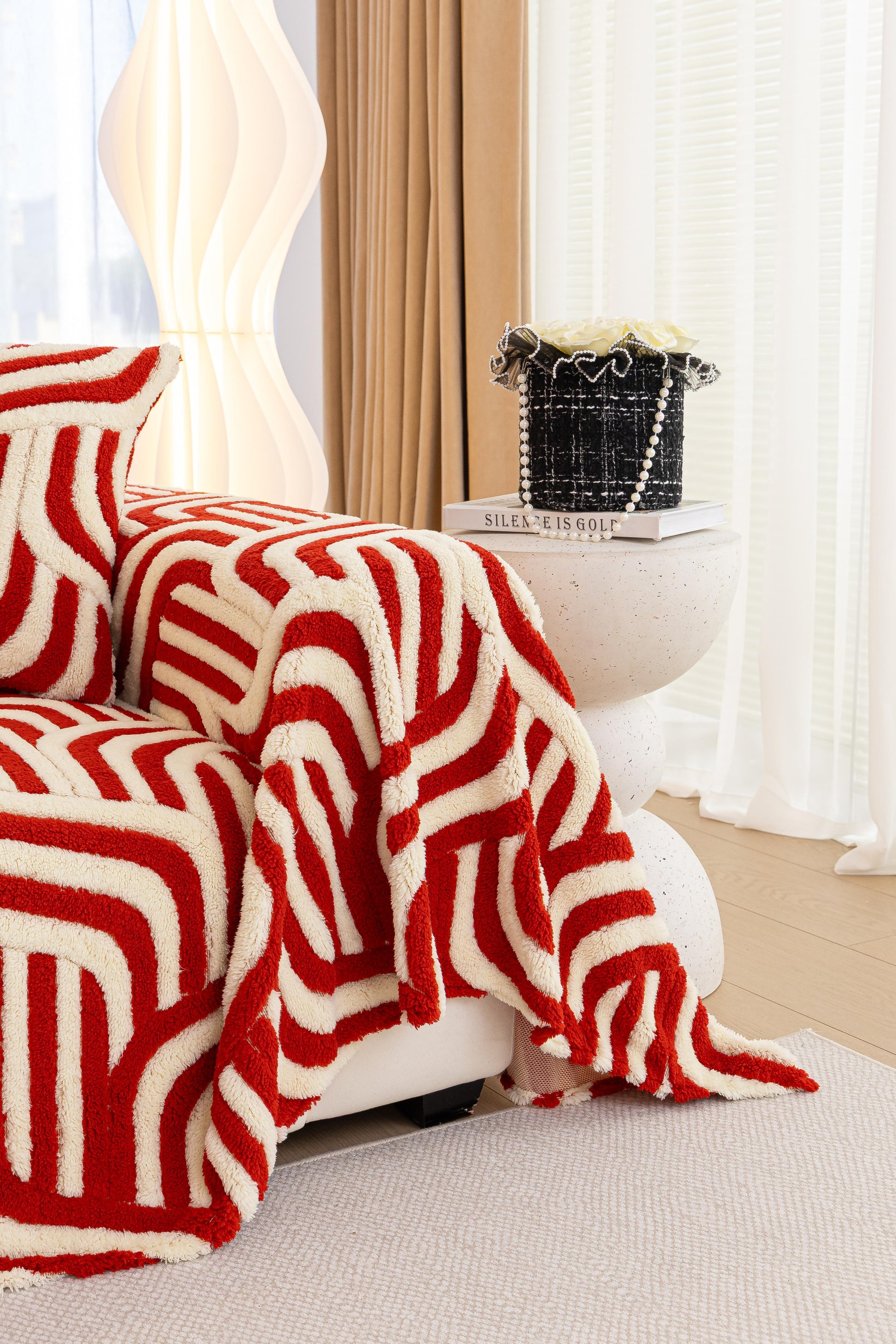 Sofa Decor Riviera Wave Stripe Sofa Cover in Red Cream - styled sofa image for plush patterned couch covers in Australia