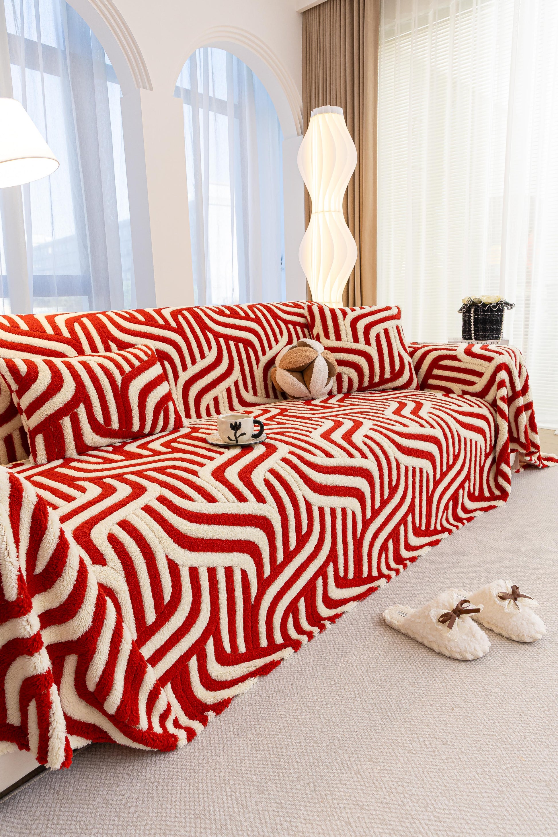 Sofa Decor Riviera Wave Stripe Sofa Cover in Red Cream - styled sofa image for plush patterned couch covers in Australia
