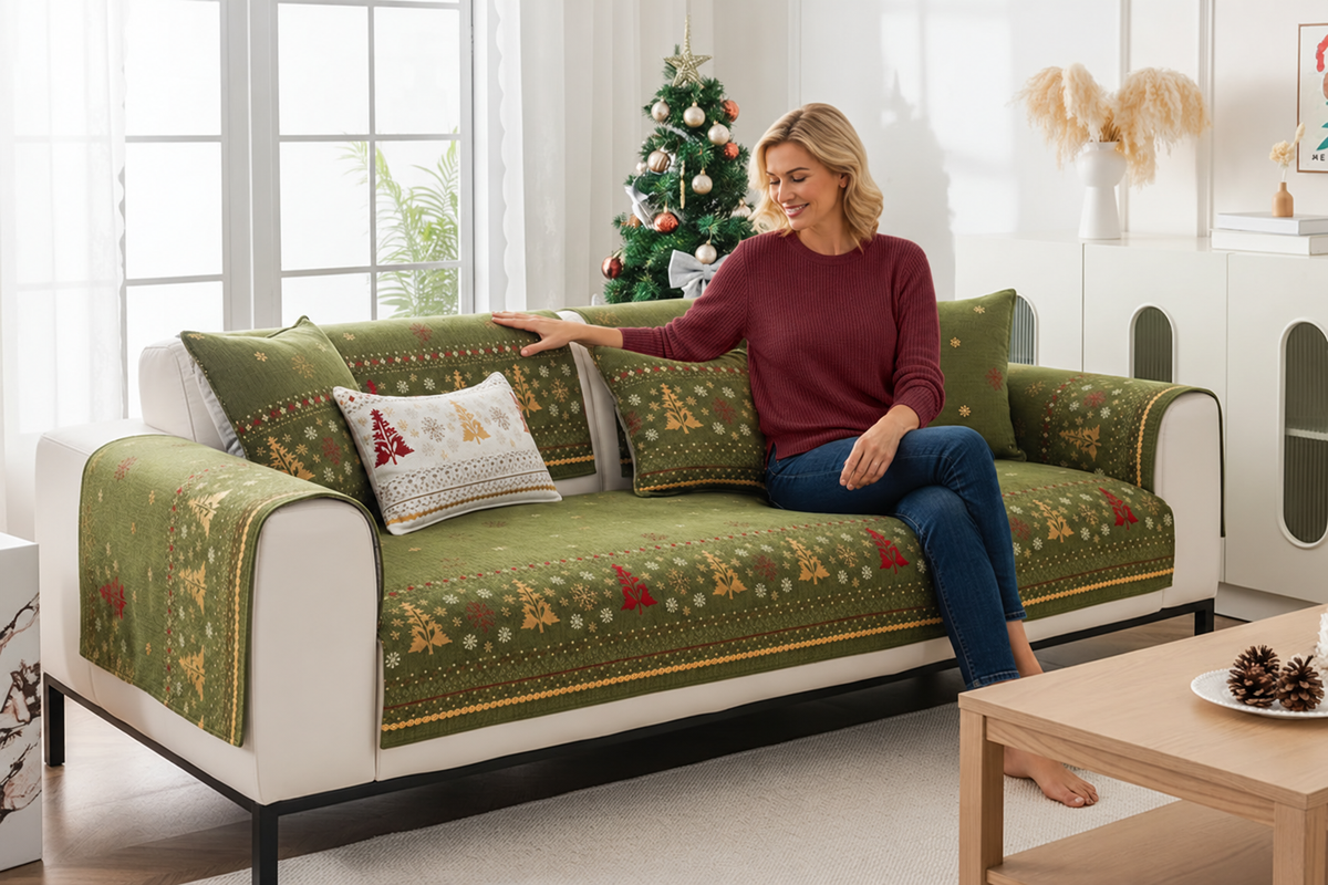 Sofa Decor Noel Festive Chenille Cushion Cover in Green, styled with a blonde woman.