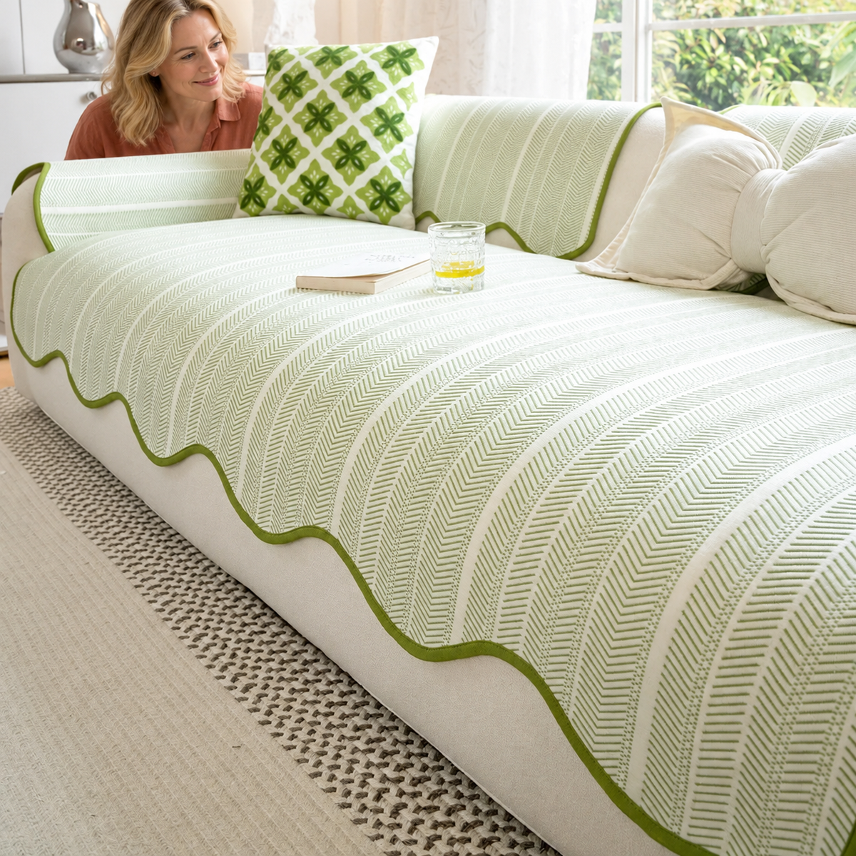 Sofa Decor Breeze Summer Cool Sofa Cover in A1 sofa cover, styled with a blonde woman.