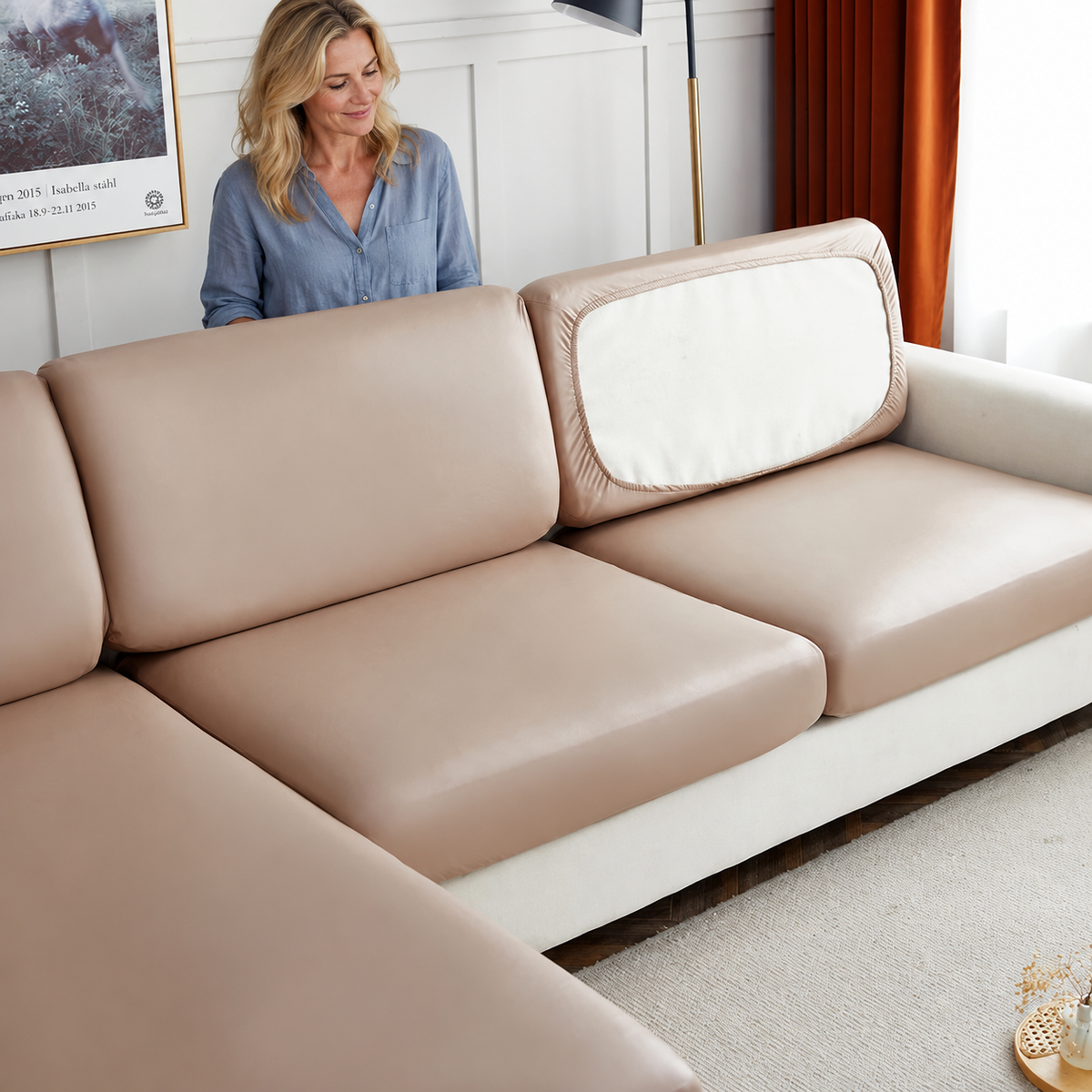 Sofa Decor Nero Water Resistant Leather Cushion Cover in color 10, styled with a blonde woman.