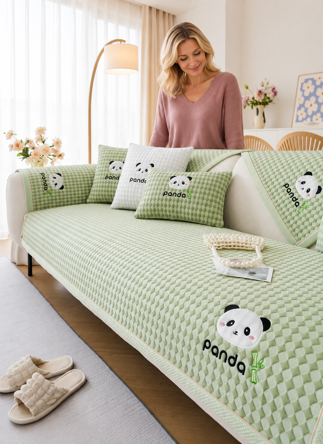 Sofa Decor Juno Ice Silk Sofa Mat in Green, styled with a blonde woman.