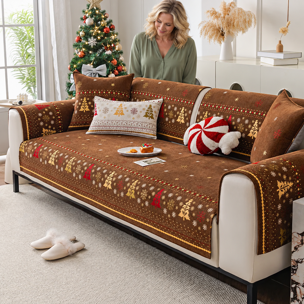 Sofa Decor Noel Festive Chenille Cushion Cover in Brown, styled with a blonde woman.