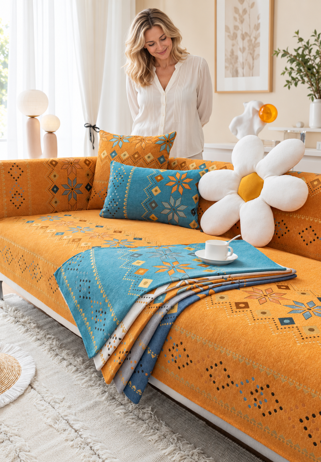 Sofa Decor Nordic Chenille Sofa Cover in N6, styled with a blonde woman.