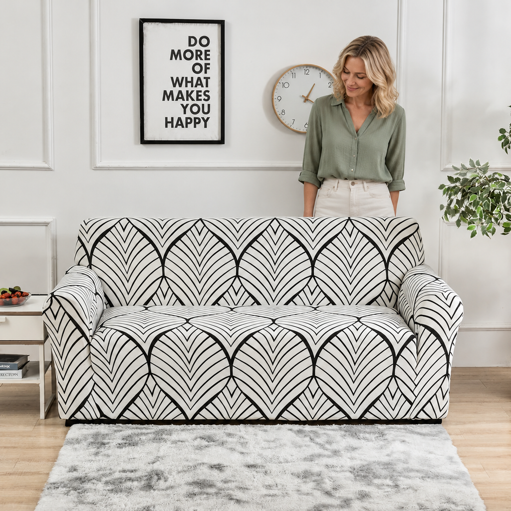 Sofa Decor Celeste Floral Stretch Sofa Cover in Color 08, styled with a blonde woman.
