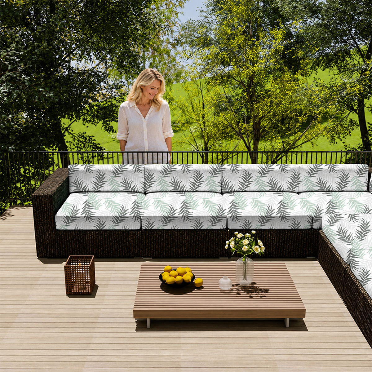 Sofa Decor Avalon Water Resistant Outdoor Chair Covers in 12, styled with a blonde woman.