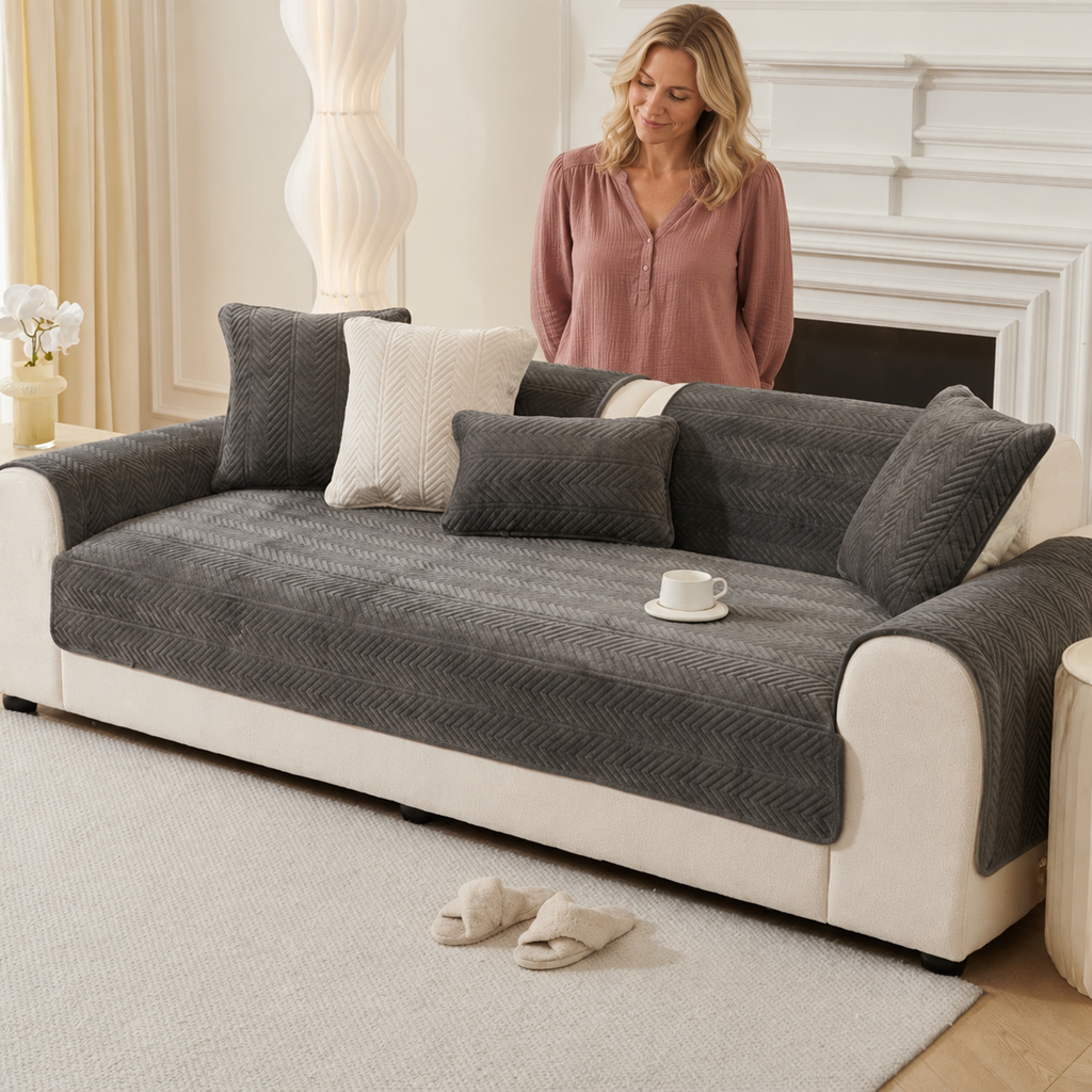 Sofa Decor Umbria Velvet Geometric Sofa Cover in A4 Dark gray, styled with a blonde woman.
