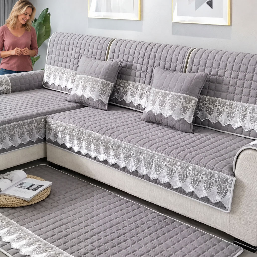 Sofa Decor Willow Brushed Sofa Seat Cover in gray, styled with a blonde woman.
