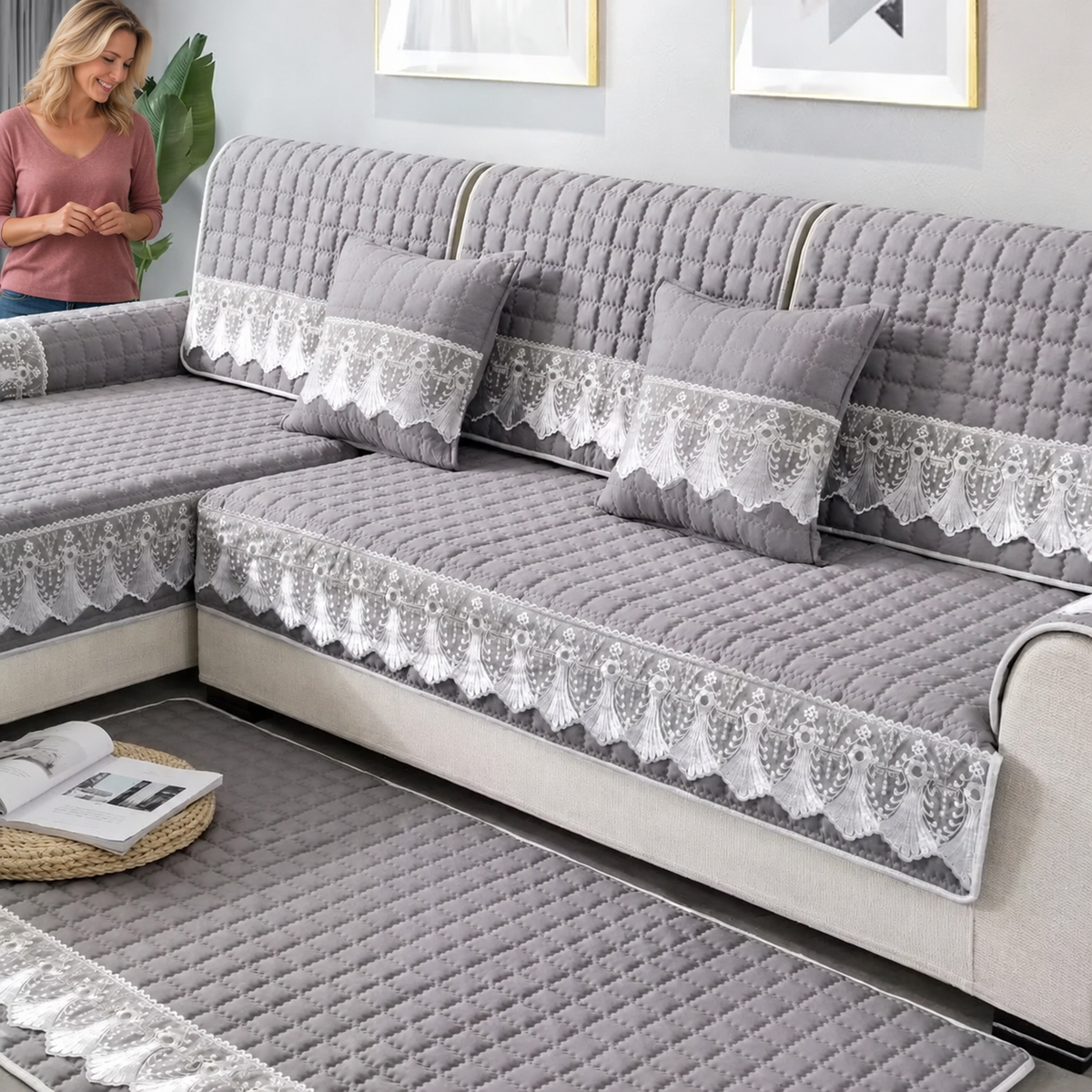 Sofa Decor Willow Brushed Sofa Seat Cover in gray, styled with a blonde woman.