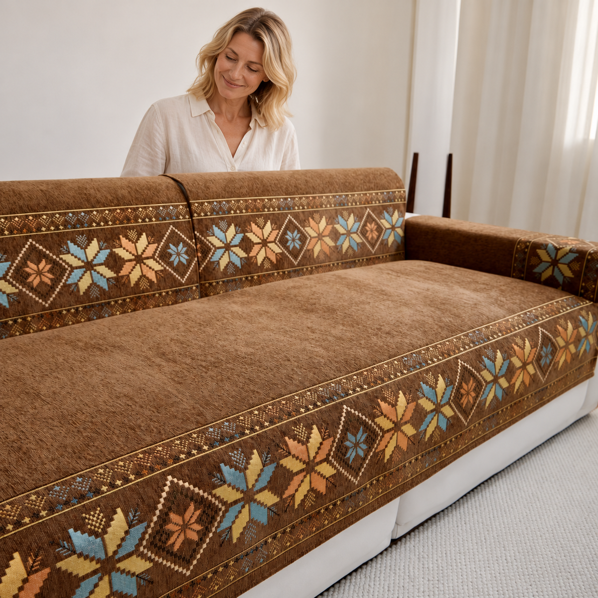 Sofa Decor Sorrento Jacquard Chenille Sofa Cover in Brown, styled with a blonde woman.