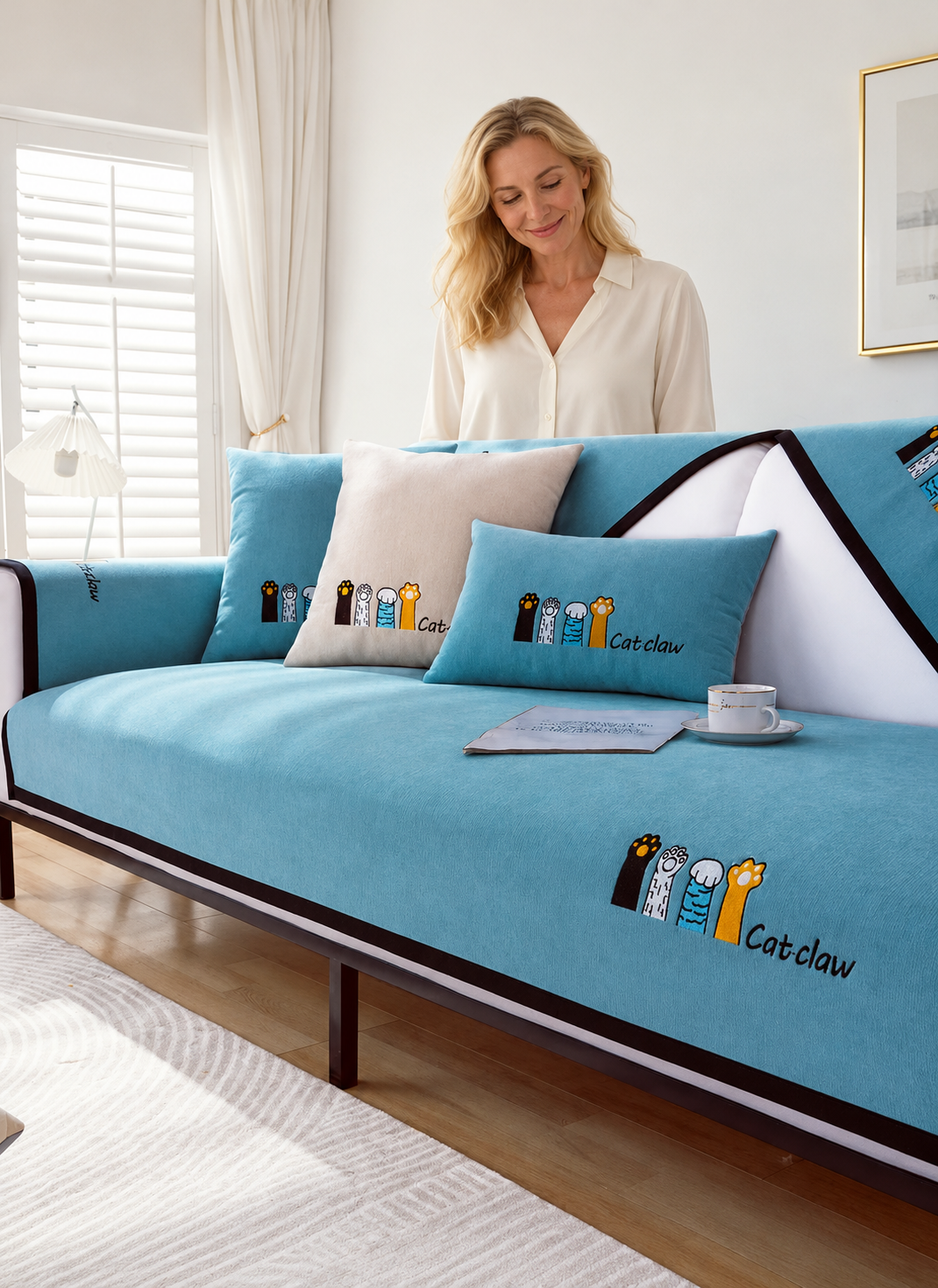 Sofa Decor Como Water Resistant Chenille Cushion Cover in D, styled with a blonde woman.