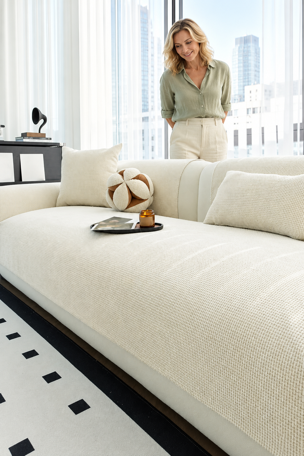 Sofa Decor Oslo Minimal Jacquard Sofa Cover in White, styled with a blonde woman.