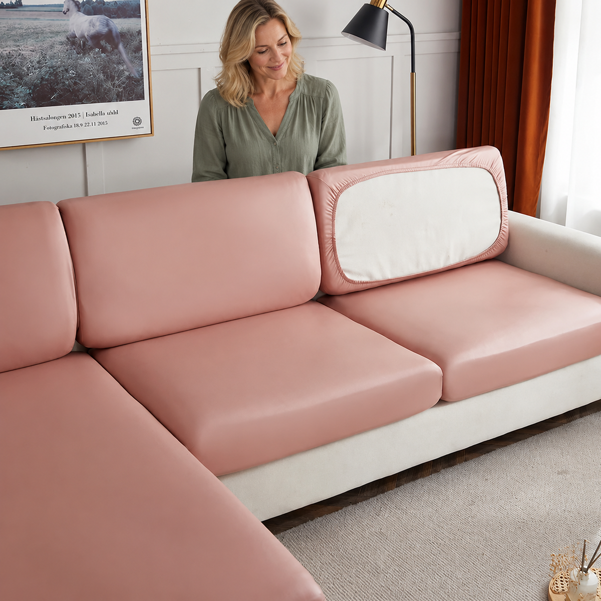 Sofa Decor Nero Water Resistant Leather Cushion Cover in color 6, styled with a blonde woman.