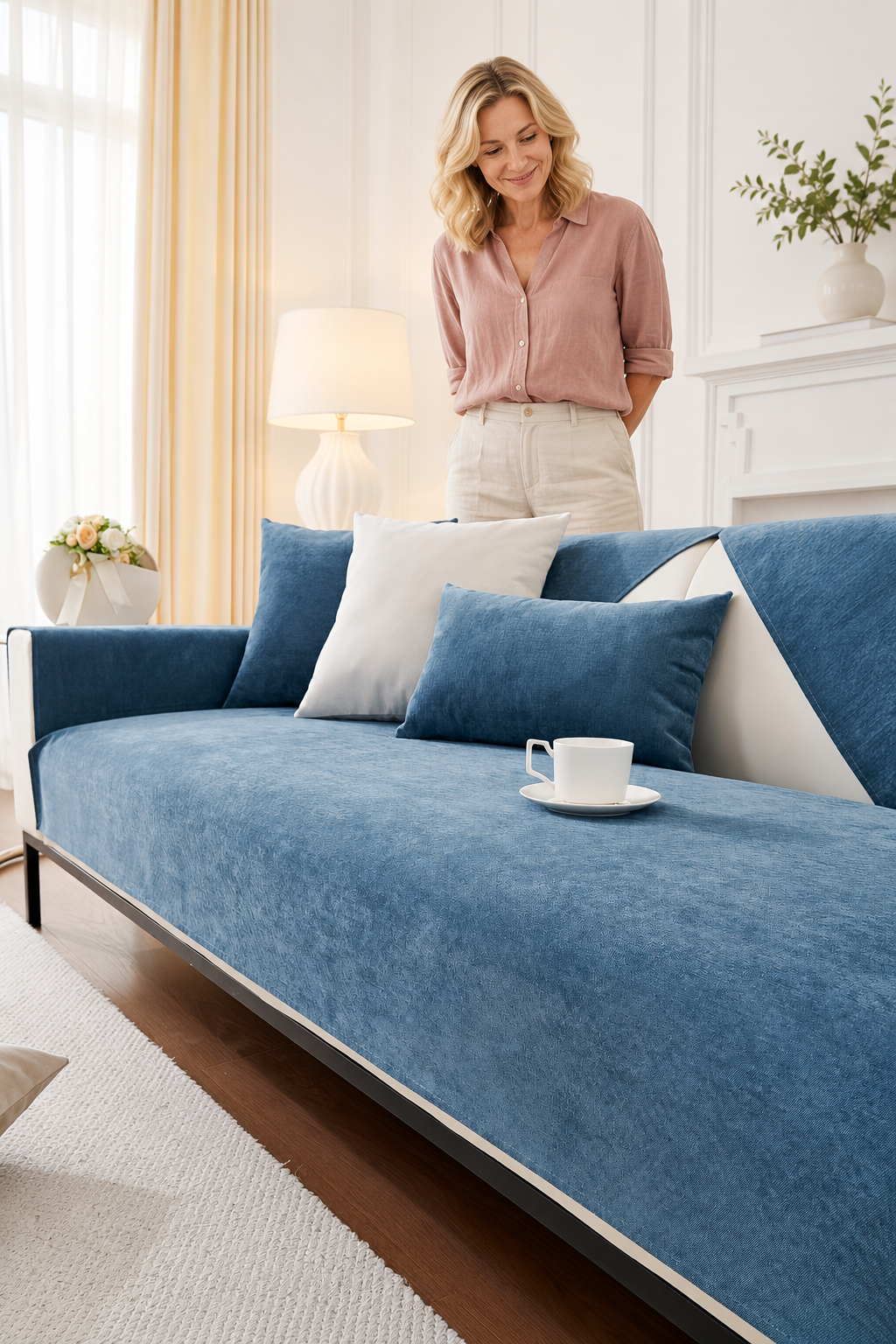 Sofa Decor Haven Pet Friendly Sofa Cover in Blue, styled with a blonde woman.