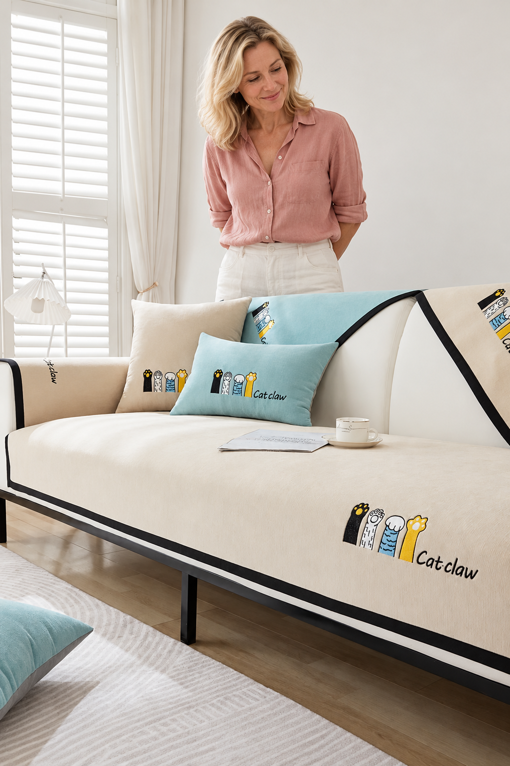 Sofa Decor Como Water Resistant Chenille Cushion Cover in C, styled with a blonde woman.