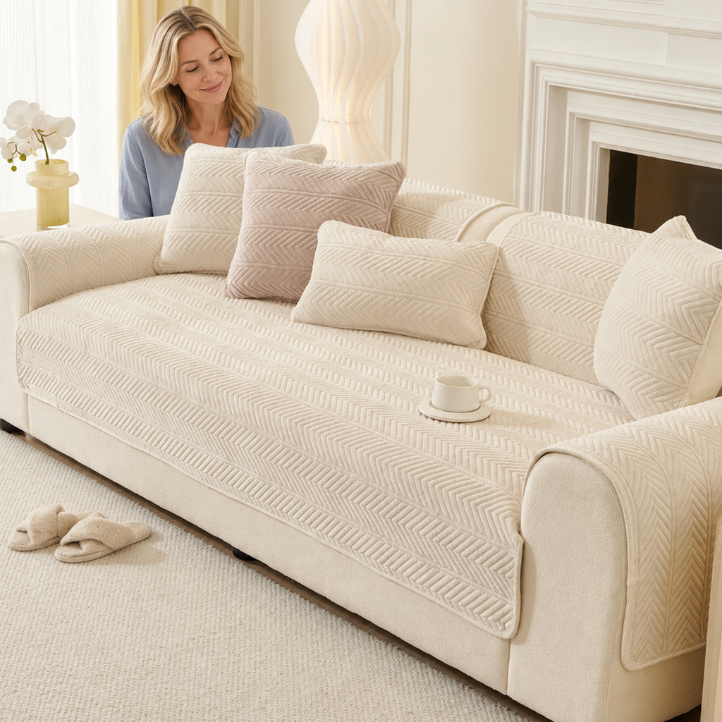 Sofa Decor Umbria Velvet Geometric Sofa Cover in A2 Beige, styled with a blonde woman.