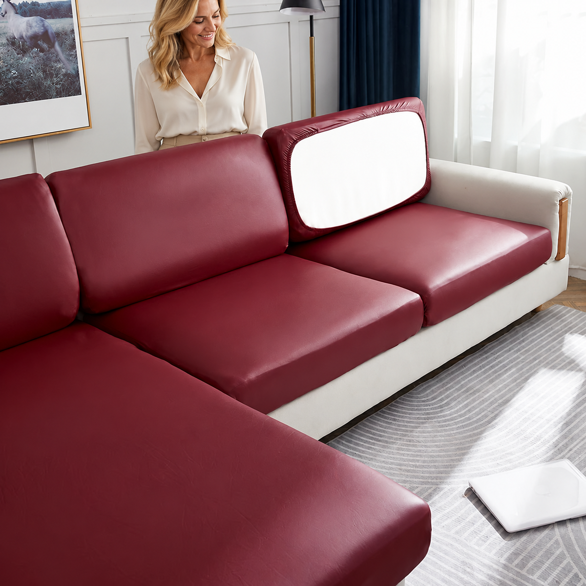 Sofa Decor Nero Water Resistant Leather Cushion Cover in color 11, styled with a blonde woman.