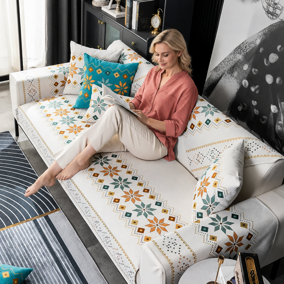Sofa Decor Nordic Chenille Sofa Cover in N1, styled with a blonde woman.