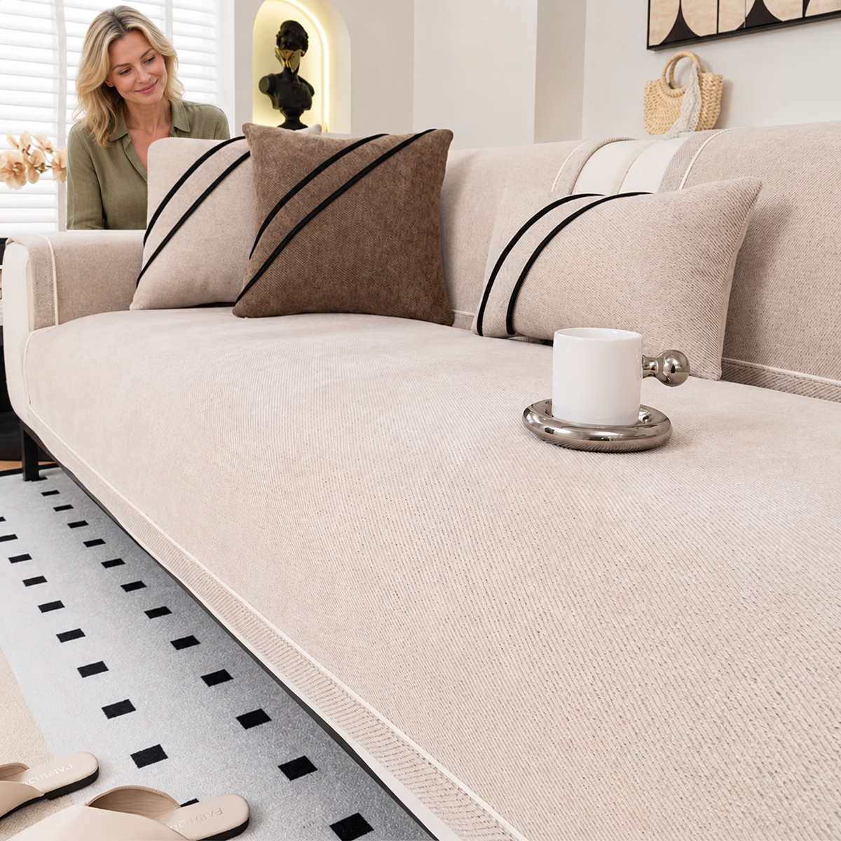 Sofa Decor Geneva Heavy Chenille Sofa Protector in Beige / Australia, styled with a blonde woman.
