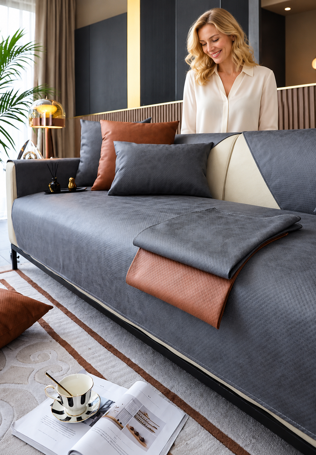 Sofa Decor Talia Tech Fabric Sofa Cover in A2, styled with a blonde woman.