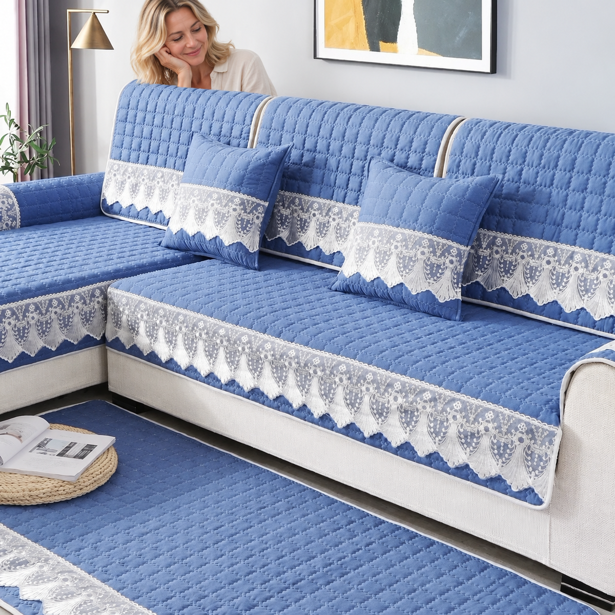 Sofa Decor Willow Brushed Sofa Seat Cover in dark blue, styled with a blonde woman.