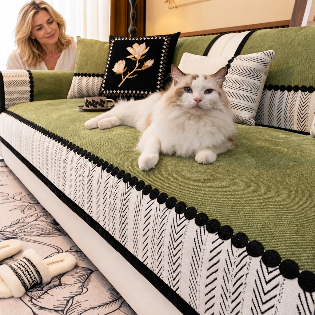 Sofa Decor Marlow Chenille Sofa Seat Cover in Green, styled with a blonde woman.