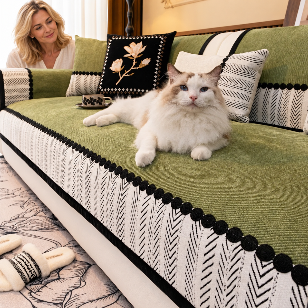 Sofa Decor Marlow Chenille Sofa Seat Cover in Green, styled with a blonde woman.