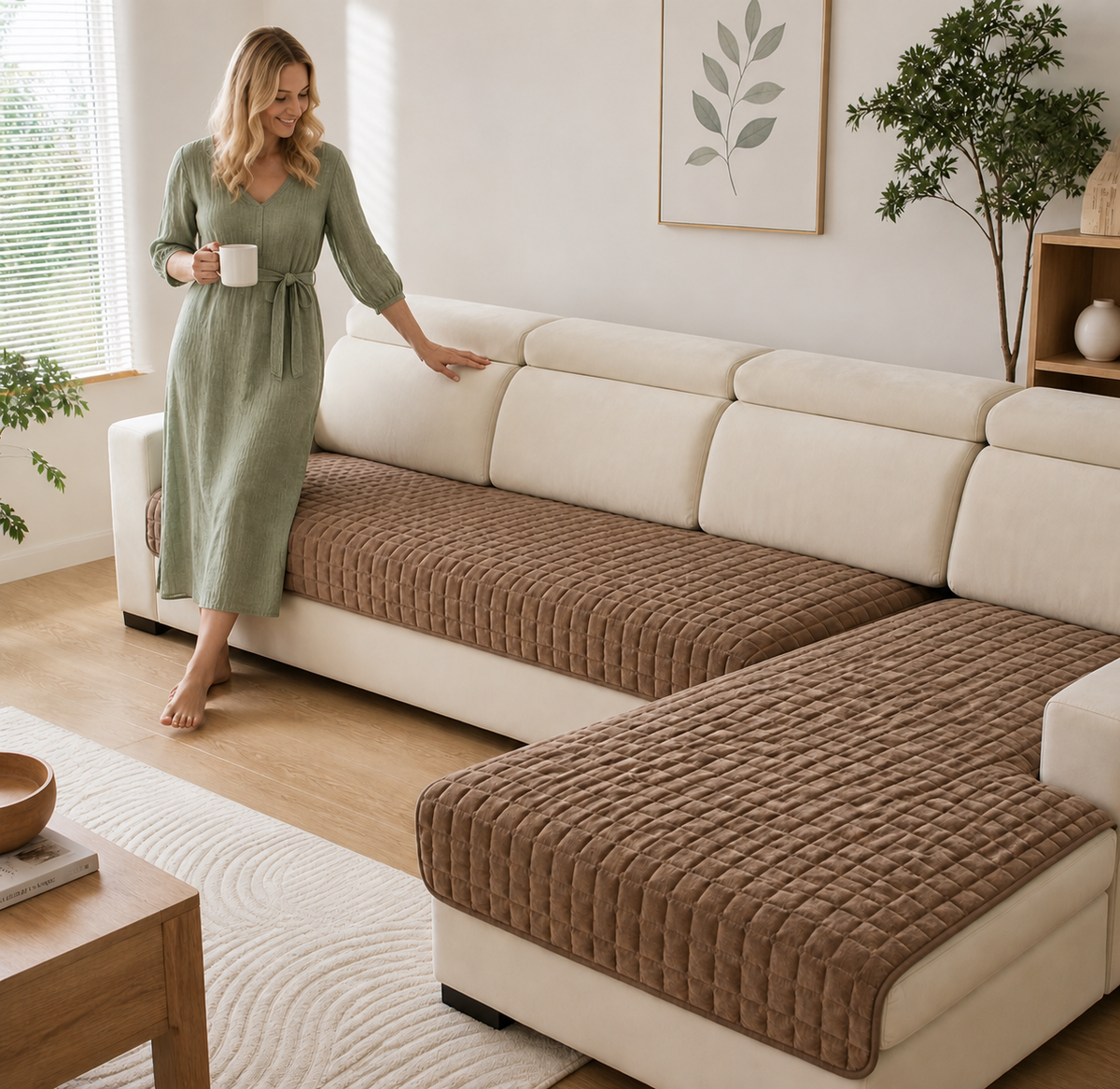 Sofa Decor Velluto Velvet Sofa Cushion Cover in Dark Coffee, styled with a blonde woman.