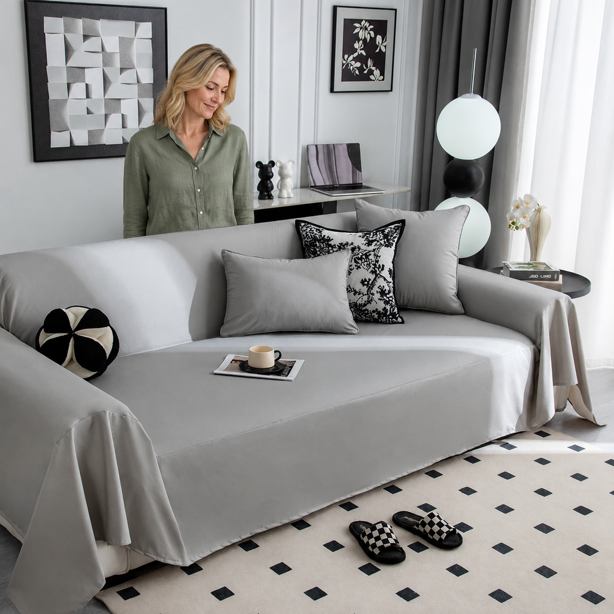 Sofa Decor Nero Water Resistant Leather Sofa Cover in Light Gray, styled with a blonde woman.