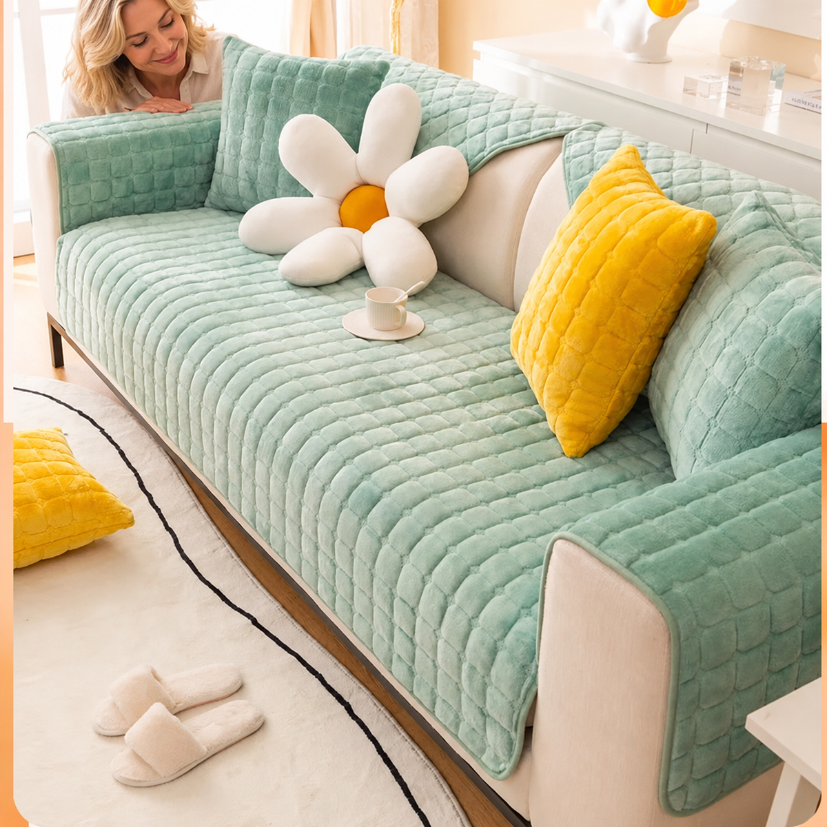 Sofa Decor Raine Plush Flannel Cushion Cover in Green, styled with a blonde woman.